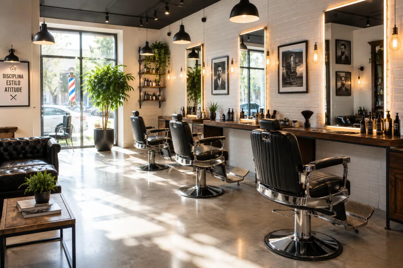 Cadeiras de uma barbearia aguardando os próximos clientes