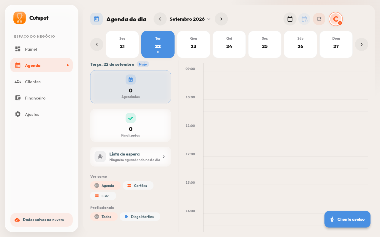 Painel do Cutspot no computador mostrando a agenda da Cavalieri Barbearia